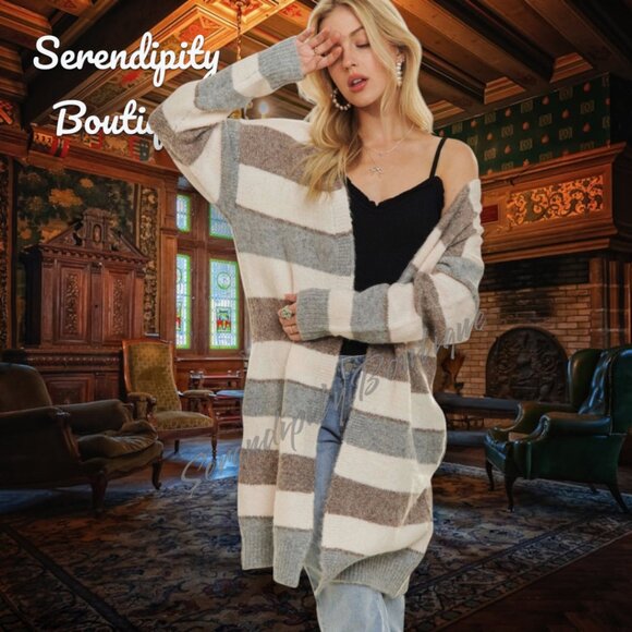So Soft Snuggle Light Weight Long Duster Stripped Open Front Cardigan Duster - Picture 6 of 9